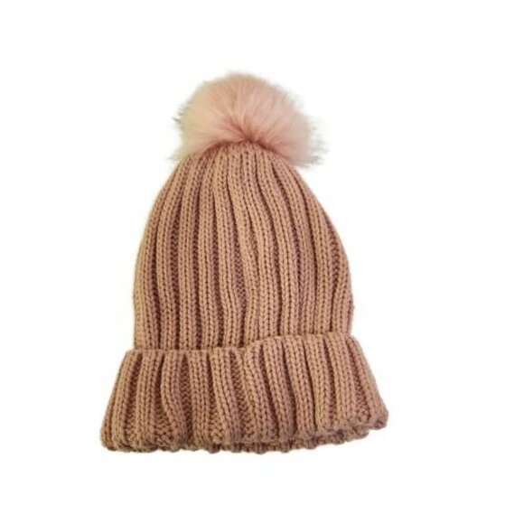 Pale Pink CableKnit Faux Fur Pom Knit Beanie One Size - Picture 2 of 5